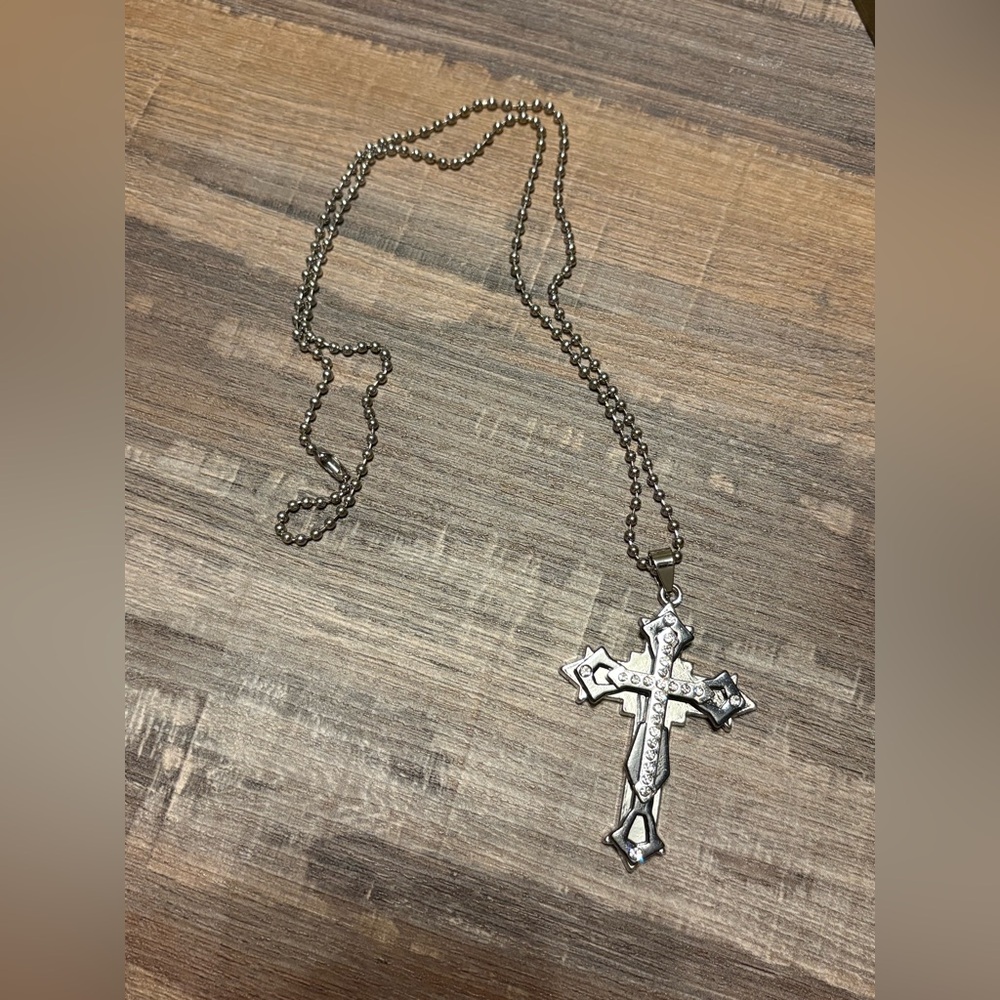 Silver & Rhinestone Cross Pendant Necklace